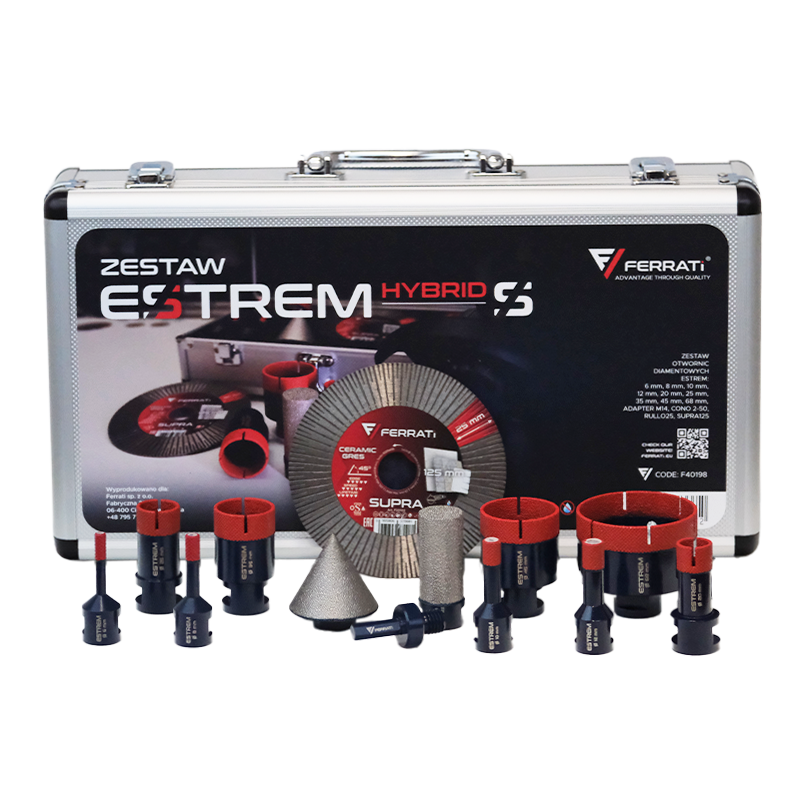 Tile drill set Estrem S-HYBRID 6,8,10,12,20,25,35,45,68mm + adapter M14 + CONO 2-50 + SUPRA 125mm